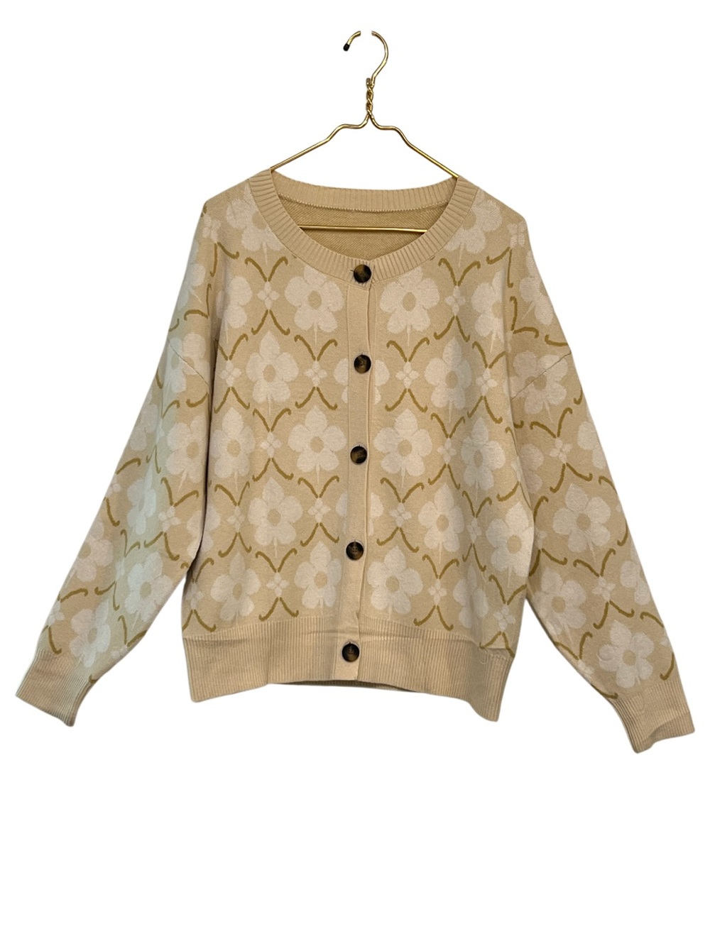 Floral Retro Knit Button Cardigan Sweater Beige Cream Large - Picture 3 of 9
